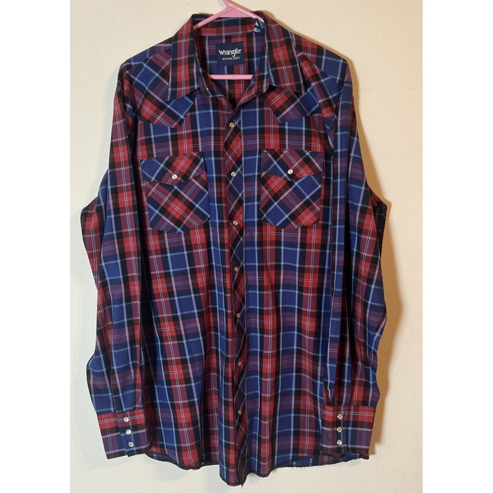 Vintage Men'sWrangler Western Shirt Long Sleeve Pearl Snap Red Plaid Size L Tall